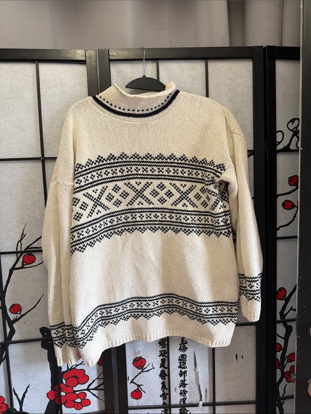 Eddie Bauer Cream and Black Knit Sweater with Fair Isle Detail